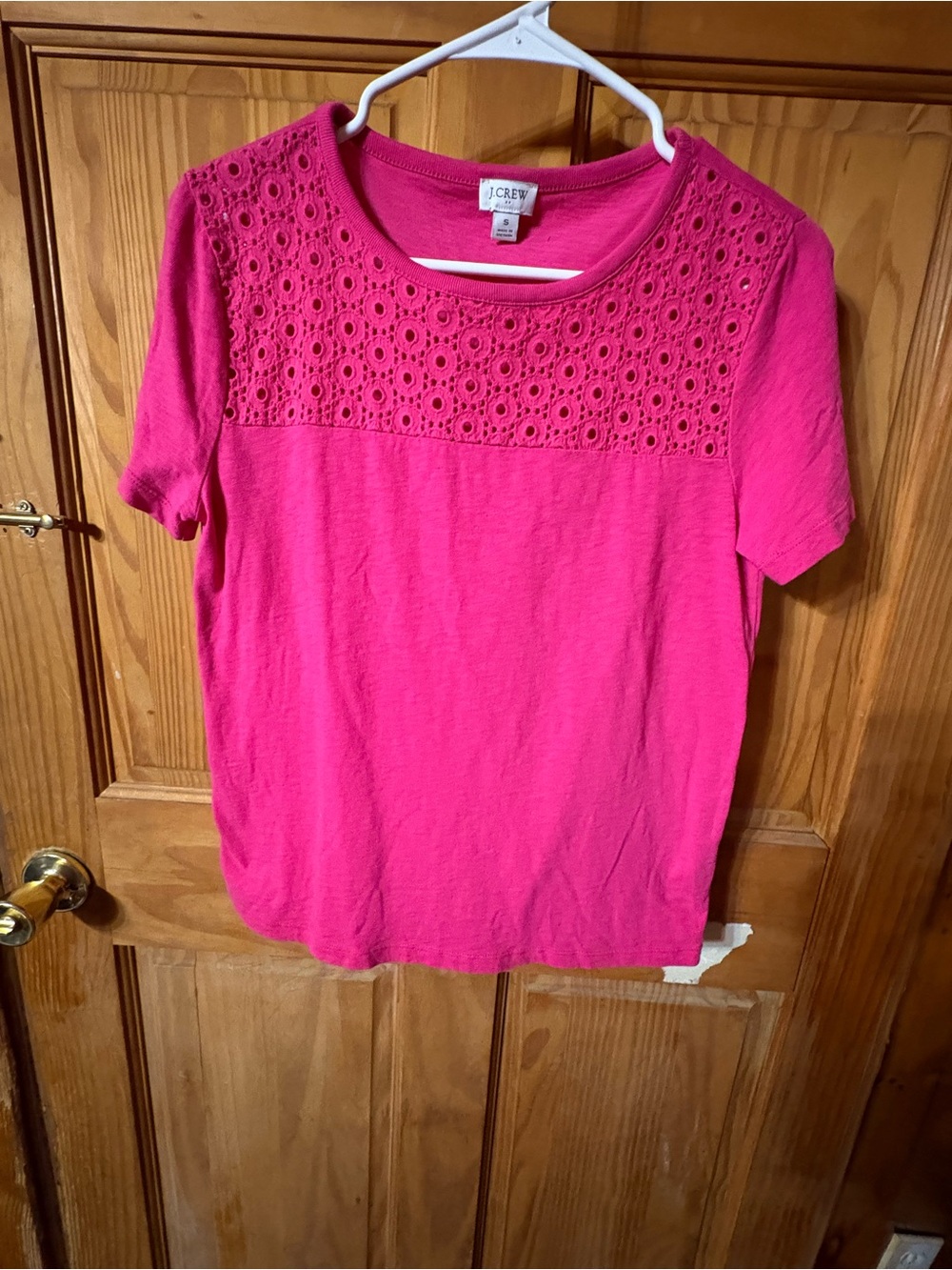 J. Crew Bright Pink Short-Sleeve Eyelet Yoke Tee